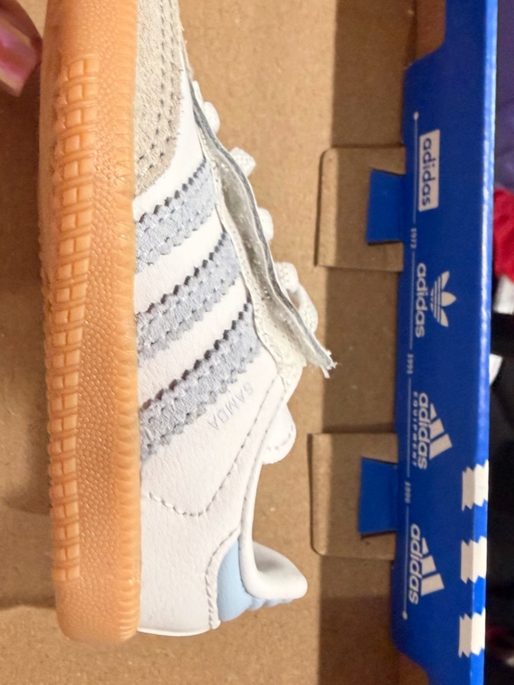 adidas White & Light Blue Samba with Gum Sole size 4 toddler SKU: JQ2029